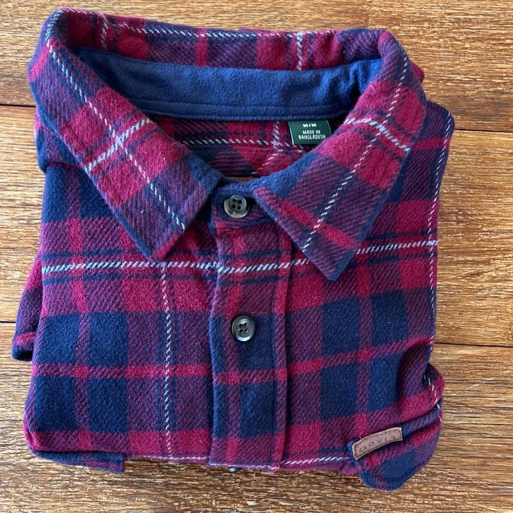 Orvis Big Bear Heavyweight Flannel Plaid Shirt Red Blue Sangria Cotton Men's M